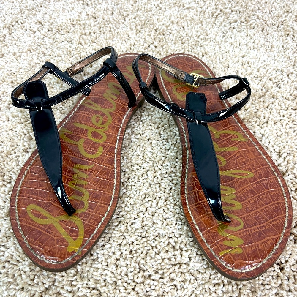 Sam Edelman Gigi black patent leather sandal in size 8-8.5